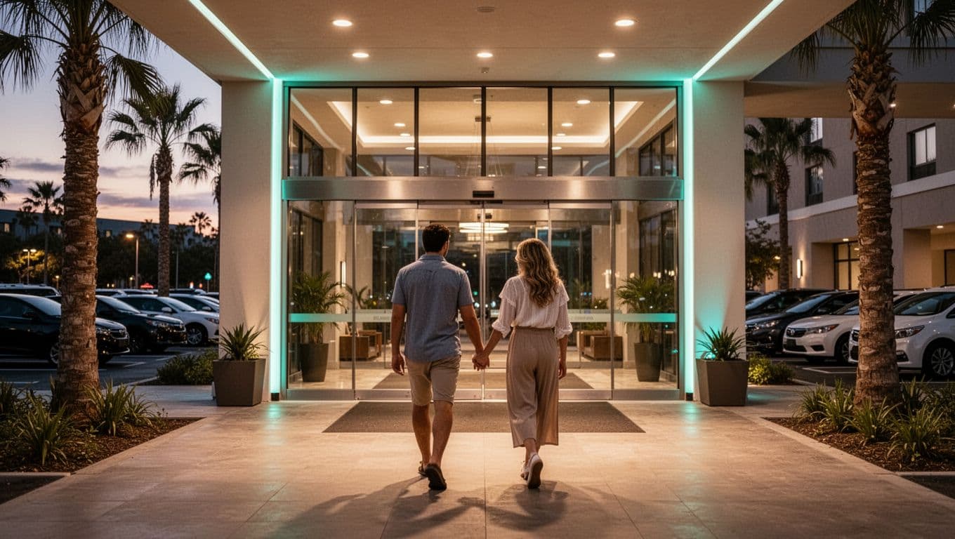 A couple walks hand in hand towards the glass entrance of a modern hotel lobby at dusk, with palm trees, parking lot, and soft exterior lights creating a romantic getaway vibe. Warm evening lighting highlights the clean architecture in this realistic landscape photo.