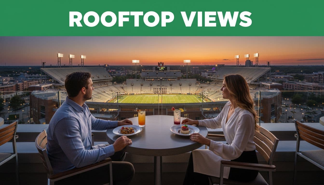 Rooftop bar at dusk overlooks Auburn stadium; two people at table with cocktails and plates, stadium lights glow in distance.