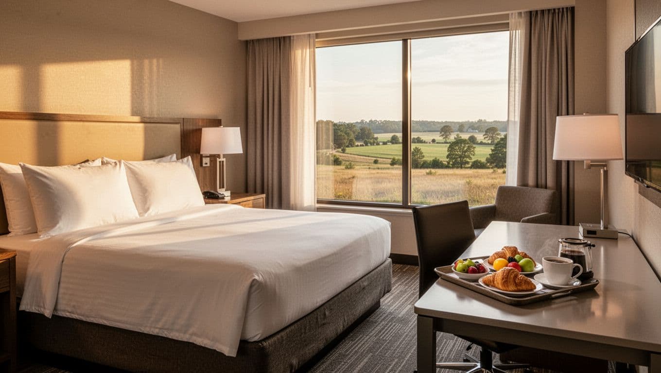Cozy modern hotel room interior with king bed, desk, window view of Alabama landscape, and free breakfast tray. Bold 'Room Comfort' headline in green band, warm lighting, no people.