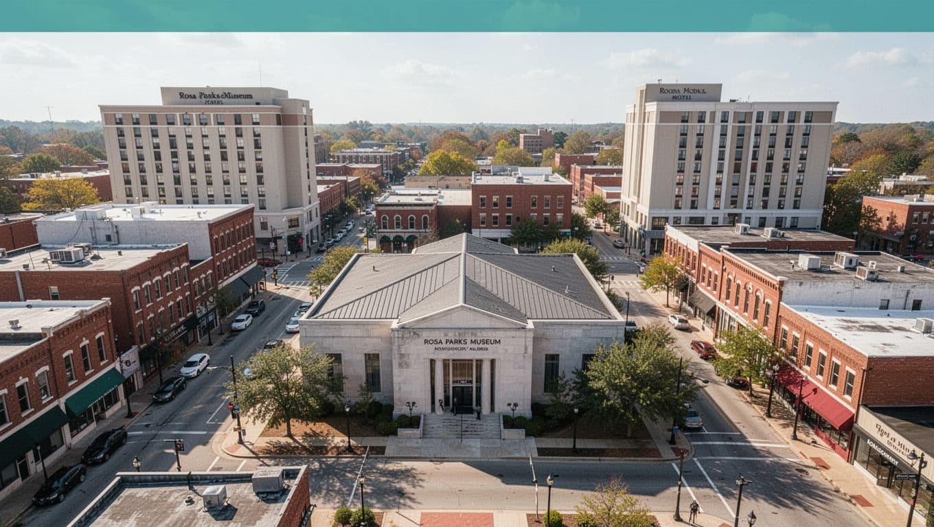 Bird's eye aerial view of Rosa Parks Museum in Montgomery, AL, surrounded by downtown streets and nearby hotels on a clear day, focusing on the museum and adjacent blocks.