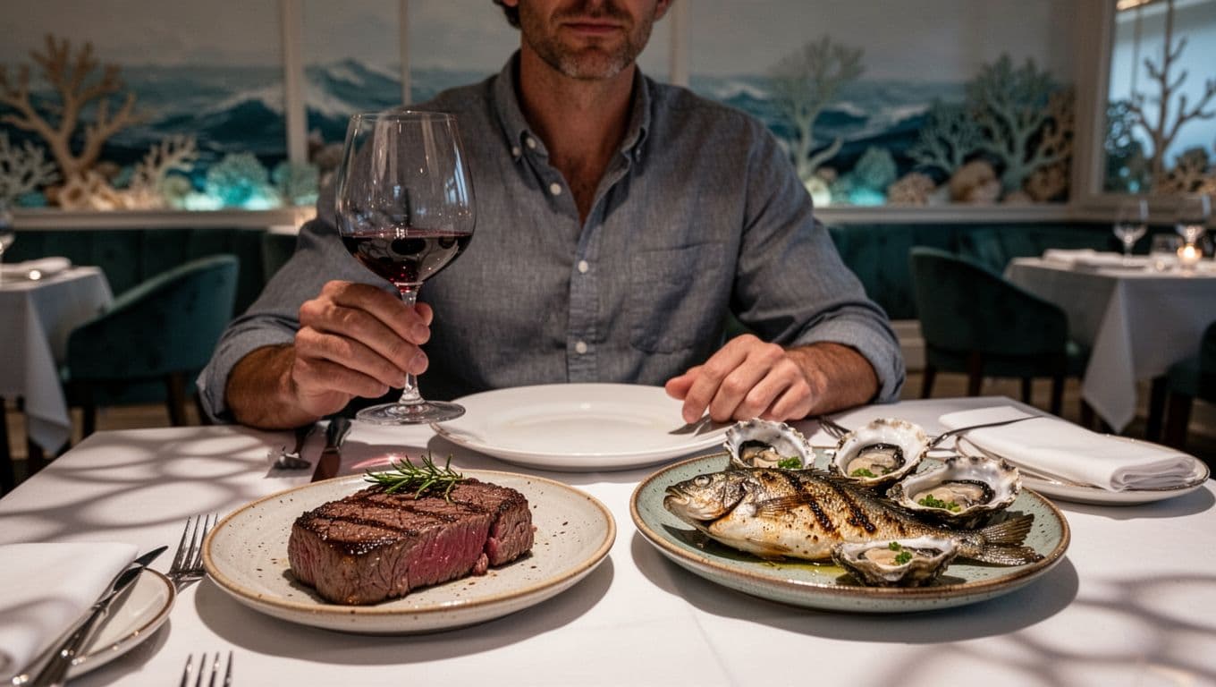 Elegant dining at The Royal Scam in Mobile, Alabama, featuring fresh Gulf seafood like grilled fish and oysters alongside hand-cut steaks on a sophisticated table with ocean-inspired decor and dim lighting. A single relaxed diner enjoys wine, highlighted by a bold 'Royal Seafood' headline banner.