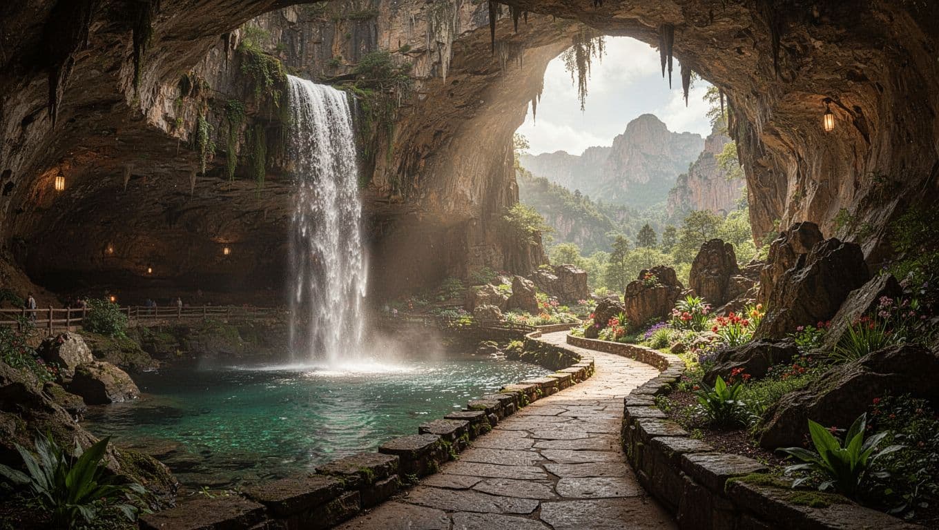 Majestic underground waterfall at Ruby Falls glowing in a dramatic cavern, with a trail leading to rocky gardens and Lookout Mountain views. Bold 'Adventure Sites' headline overlays a green band, highlighting nearby attractions like Rock City.