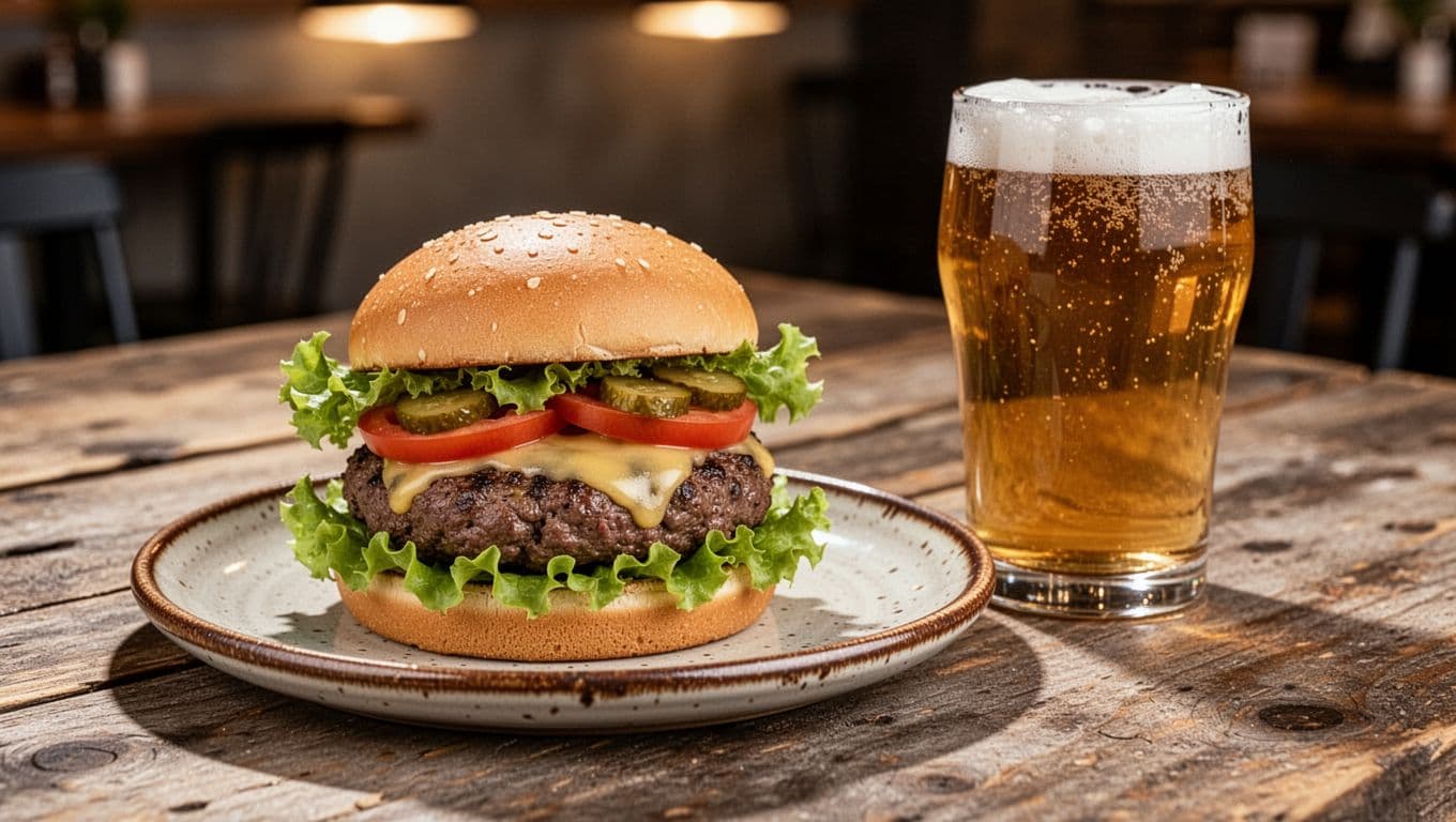 Plate of Southern American cuisine bison burger with fresh toppings beside craft beer glass on wooden table in casual restaurant setting close-up composition warm overhead lighting soft shadows exactly one plate one glass no people no hands focus on food details.
