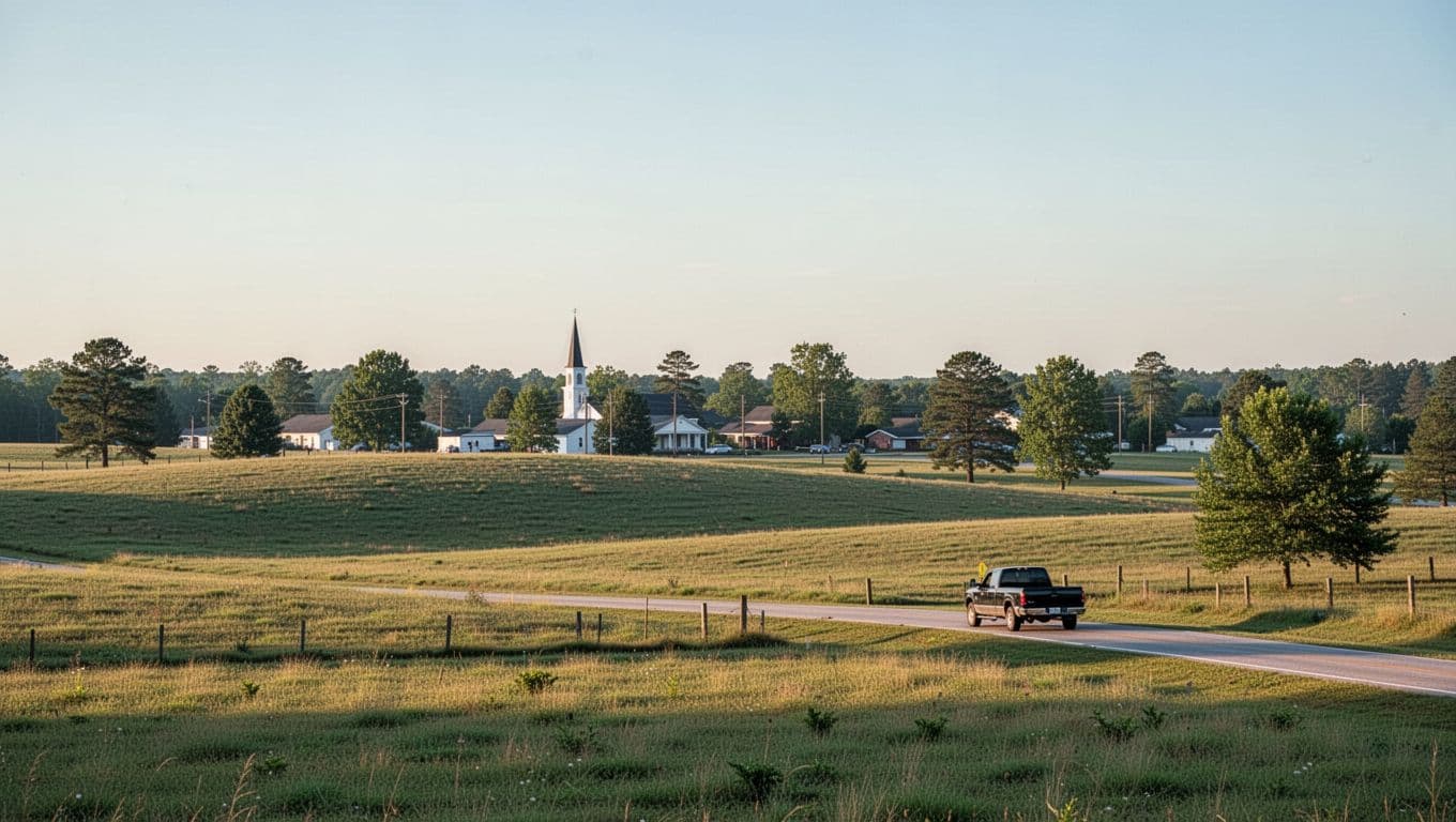 Scenic view of rolling fields, small town skyline with church steeple, trees, and pickup trucks on the road under a clear blue sky in rural Alabama near Geneva County, branded with bold 'Local Charm' headline in green band.