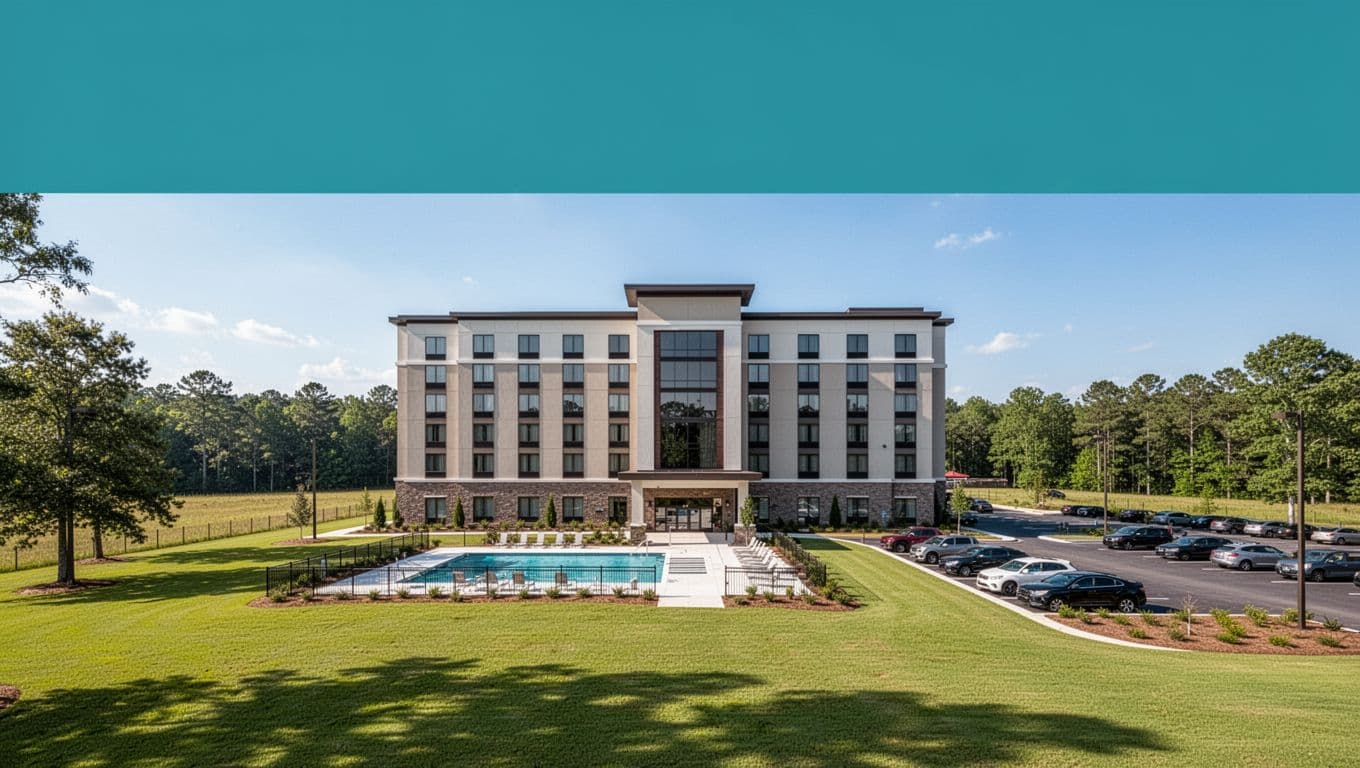 Realistic wide-angle photo of a modern hotel exterior in rural Alabama, featuring an outdoor pool, green lawns, parking lot, and entrance with American flag under clear blue sky; topped with green banner reading 'Nearby Hotels'.