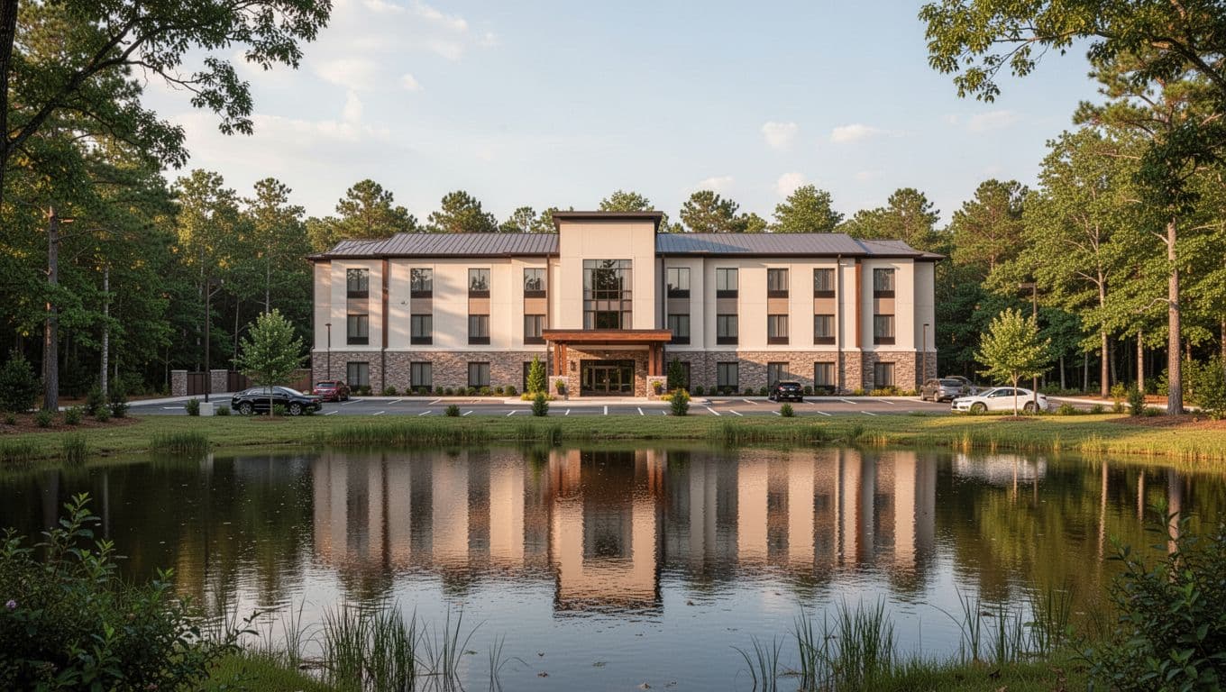 Modern hotel exterior in rural Alabama near a lake, front entrance with parked cars and greenery in warm daylight lighting, realistic photo style with top headline band 'Local Hotels'.