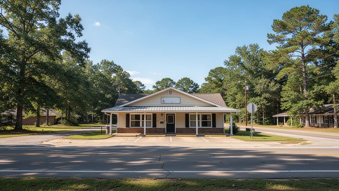 Wide sunny street view of small motel exterior in rural Alabama town with trees and open sky, green band at top reading Local Motel.