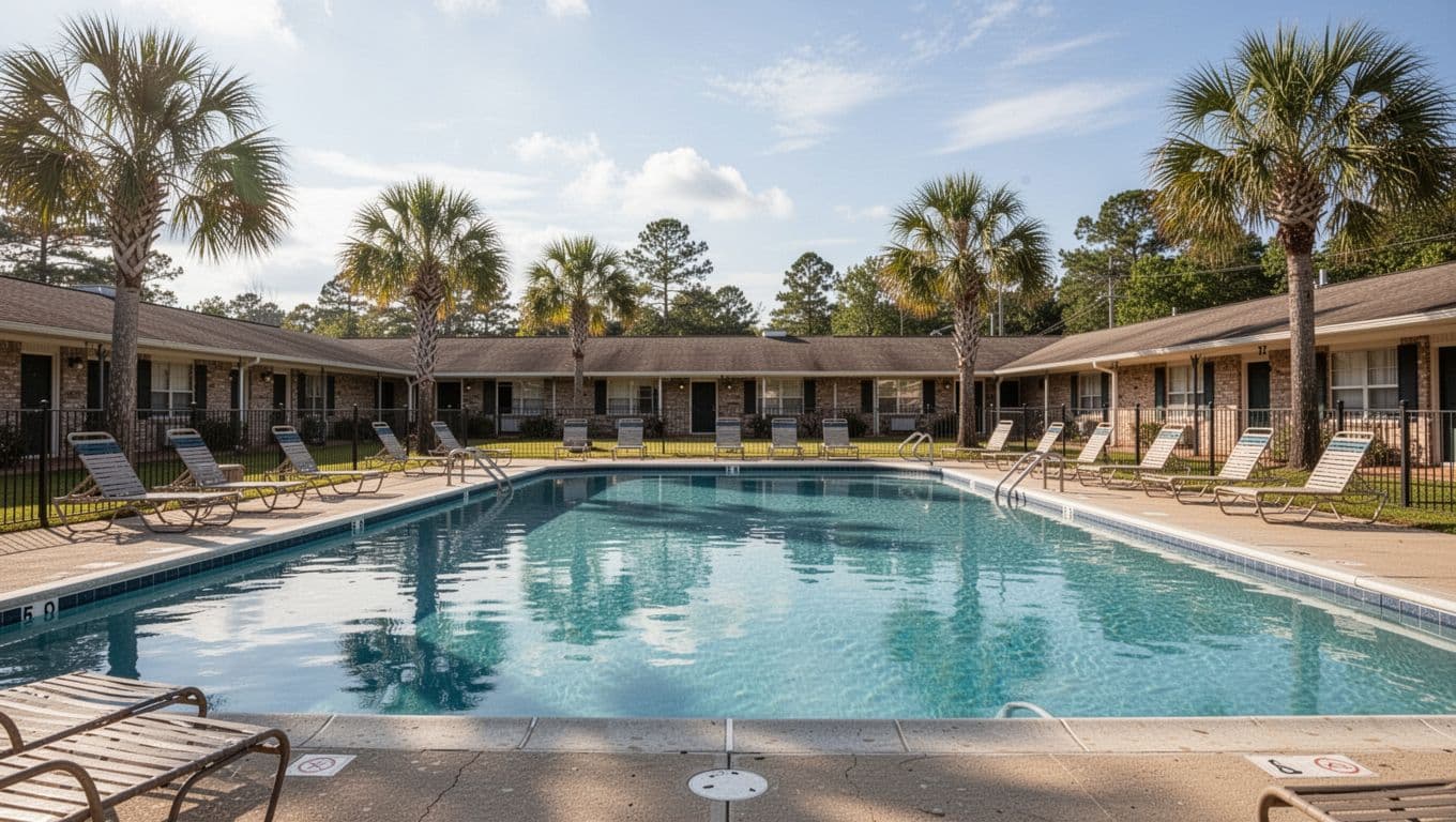 Wide poolside view of empty outdoor swimming pool at rural Alabama motel with lounge chairs, palm trees, and clear blue water.