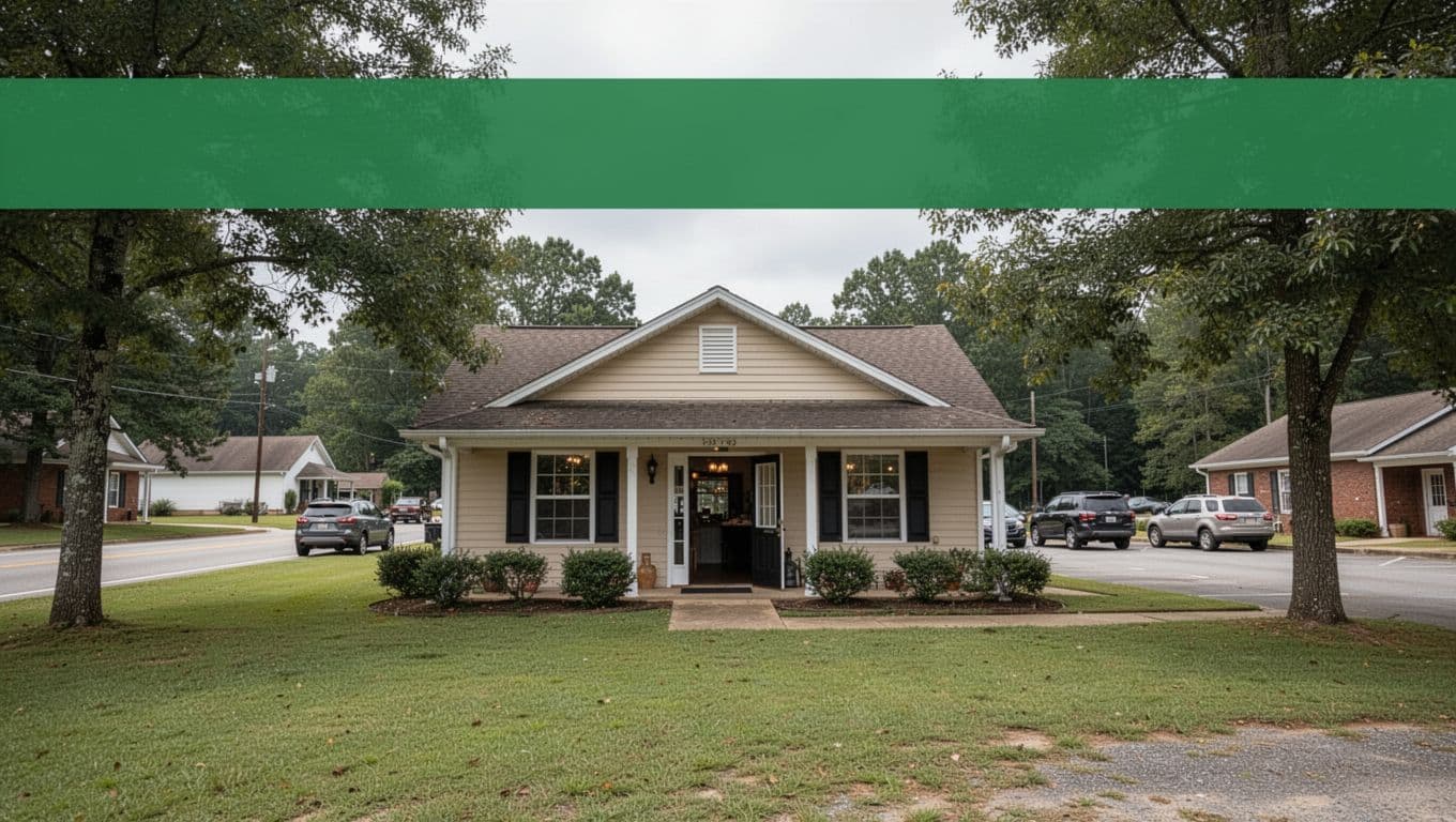 Quaint rural Alabama cafe facade with parked cars, green lawn, trees, overcast sky, open door, and top 'LOCAL FAVORITE' banner.