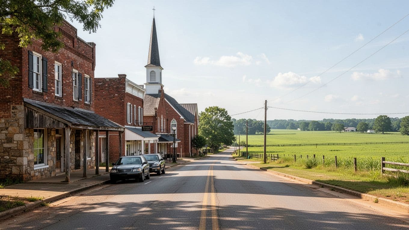 Sunny main street in rural Alabama town shows historic buildings, church steeple, two parked cars, green fields, with green 'Local Spots' banner at top.