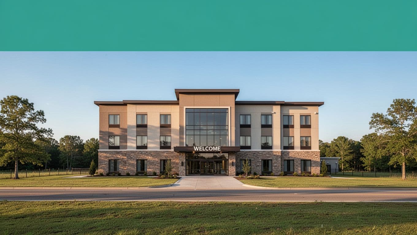 Modern three-story hotel exterior beside a highway in rural Alabama, with welcoming glass doors, signage, green front lawns, and blue daytime sky. Features a bold green editorial band at the top with 'Top Stay' headline, centered wide landscape composition.