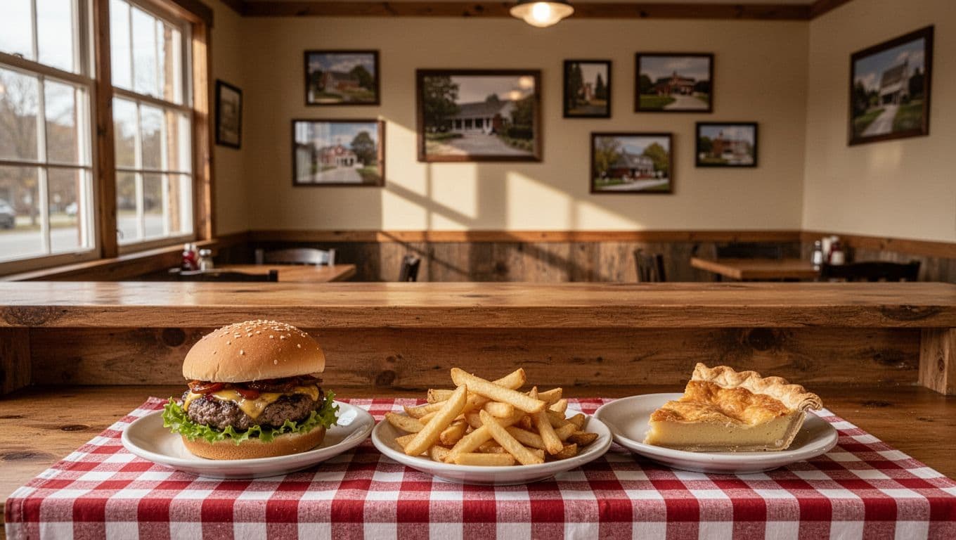 Green header band 'Cafe Eats' above wooden cafe counter with burger fries and pie slice rustic decor large windows.