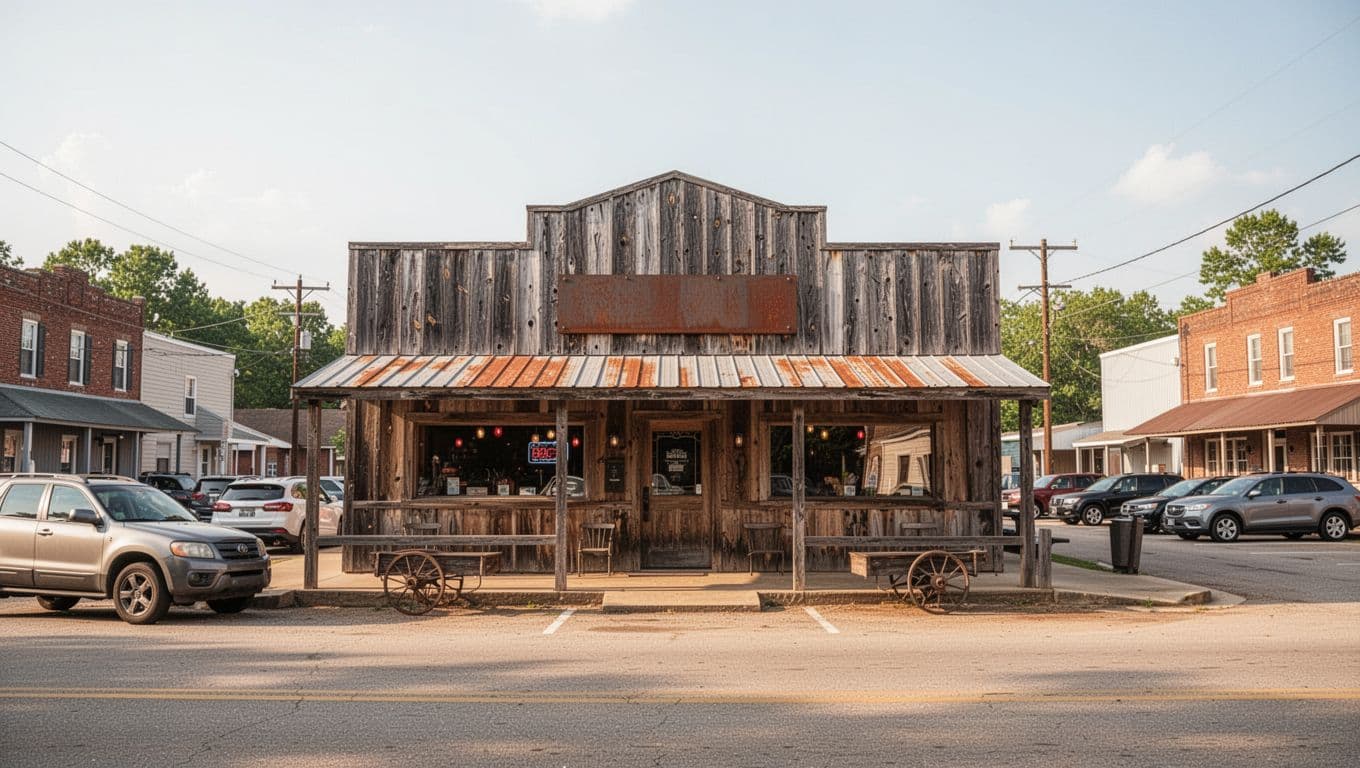 Rustic Southern BBQ restaurant on small Alabama town street with parked cars and top green 'RUSTY'S BBQ' sign under clear sky.