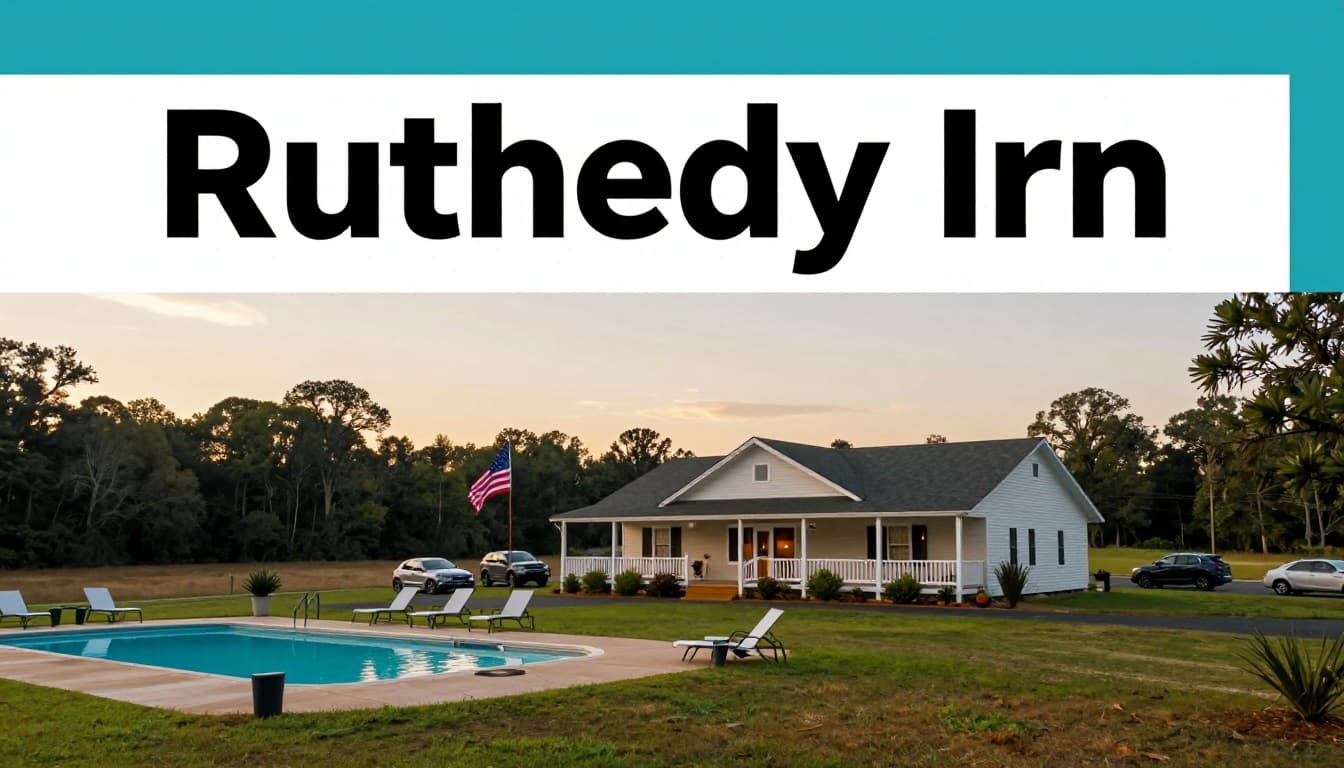 Cozy two-story Rutledge Inn exterior in rural Alabama countryside during golden hour sunset, with outdoor pool and lounge chairs in foreground, parked cars, waving American flag, and open fields background. Branded green header band with centered 'Rutledge Inn' title.