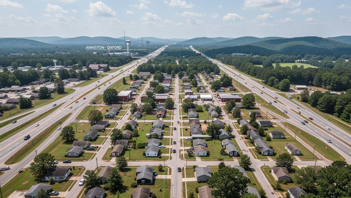 Aerial view of Saks, Alabama in Calhoun County, featuring small town residential areas near I-20 highway with Anniston and Oxford in the background, rolling green hills on a clear day in realistic photo style. Includes bold branded 'Saks Location' headline on a green edge-to-edge band.