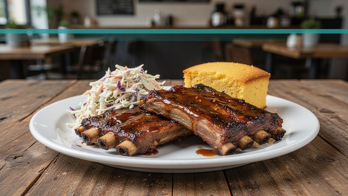 Closeup plate of smoked Alabama-style barbecue ribs with glistening sauce, coleslaw, and cornbread on wooden table, green band with Saks BBQ headline at top.