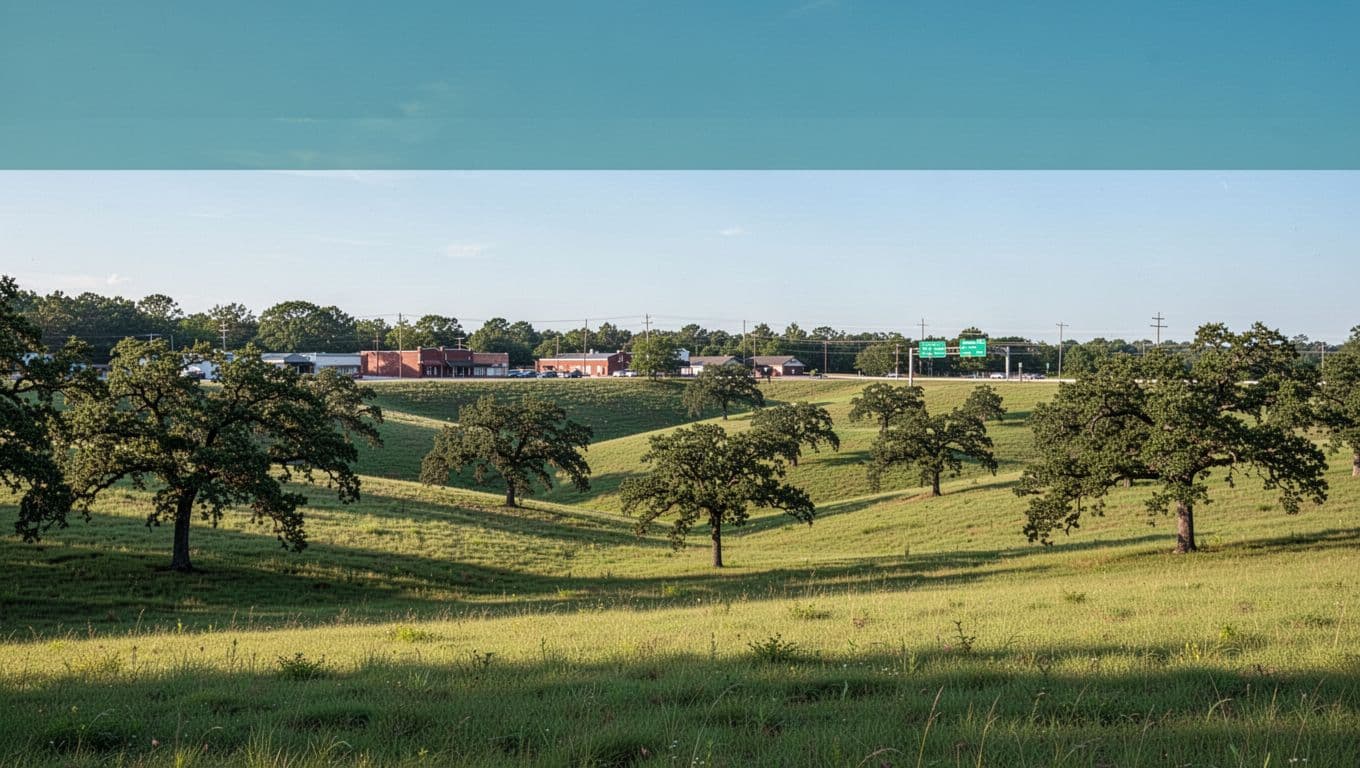 Scenic daytime landscape of rural Alabama near Saks with rolling green hills, oak trees, distant town buildings, and I-20 sign under clear blue sky, emphasizing peaceful countryside.