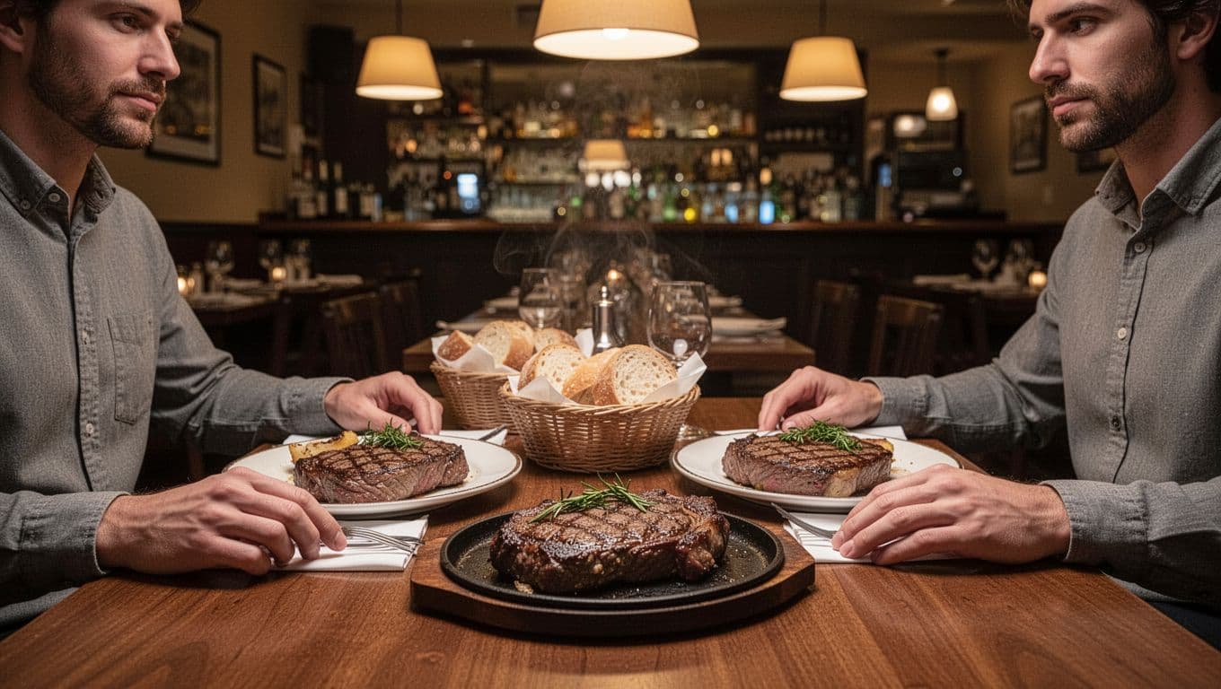 Cozy interior of Saltgrass Steak House in Hoover, Alabama, with wooden tables set with sizzling steaks and bread baskets under warm amber pendant lighting, two diners seated at foreground table facing away, bar softly lit in background.
