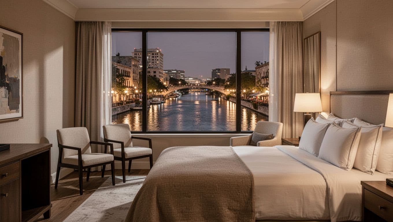 Cozy boutique hotel room interior with king bed, neutral linens, small sitting area, and window view of River Walk lights; realistic style with 'BOUTIQUE PICKS' headline.
