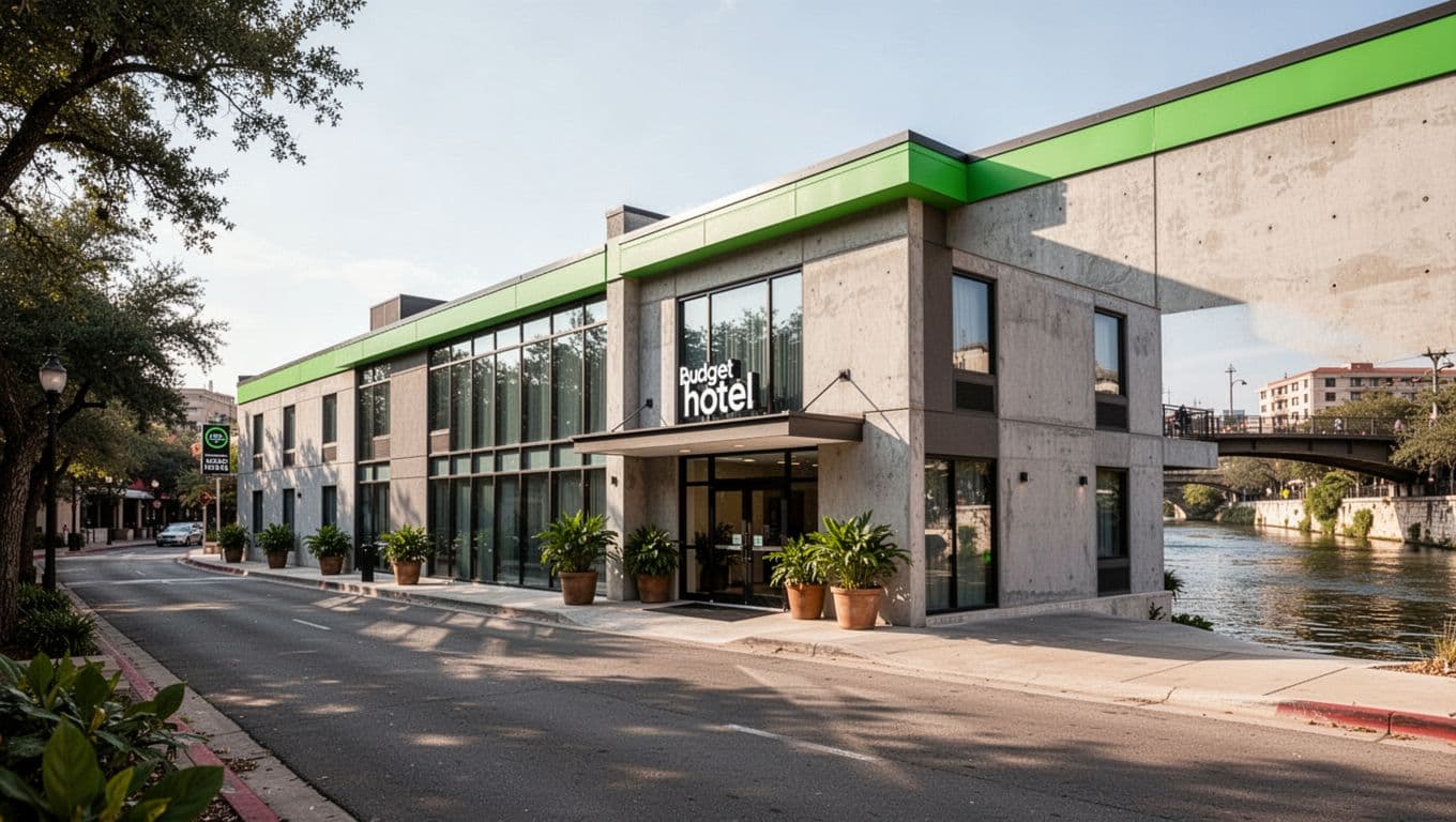 Daytime street view of a simple modern budget hotel exterior near the San Antonio River Walk, featuring an entrance with plants and a glimpse of the nearby river, in a clean photo style with no people or cars. Bold 'VALUE OPTIONS' headline in green band at the top in Montserrat Black font.