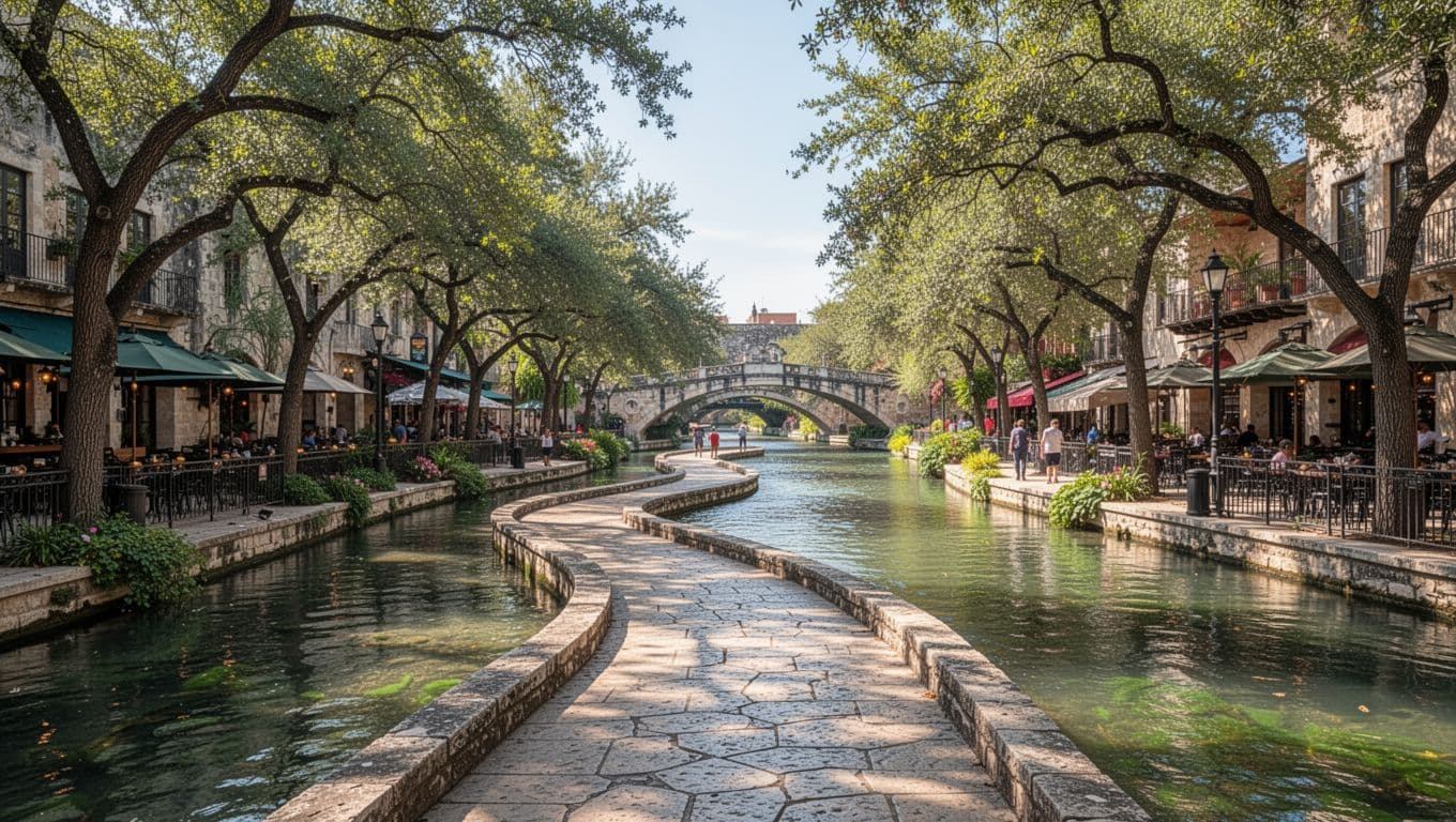 Daytime realistic photo of San Antonio River Walk with curving walkway, trees, cafes along the water, and bridges in background under bright sunlight. Features bold 'KEY FACTORS' headline in green band at top to evoke planning decisions for stays.