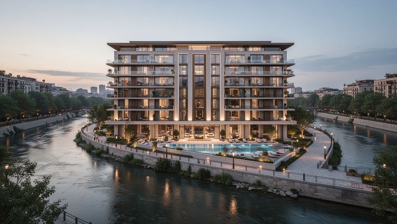 Exterior of a modern luxury hotel along the San Antonio River Walk at dusk, showcasing river-view balconies, visible pool area, and warm evening lights in a realistic architectural photo style.
