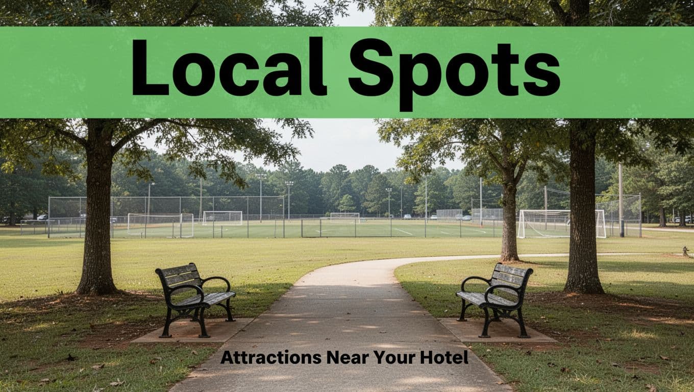 Serene outdoor park in Sand Mountain, Alabama, with a centered walking path leading to the horizon, exactly two benches under trees, green fields and sports fields in the background, daylight soft lighting, realistic photo style, branded with bold 'Local Spots' headline on edge-to-edge green band at top.