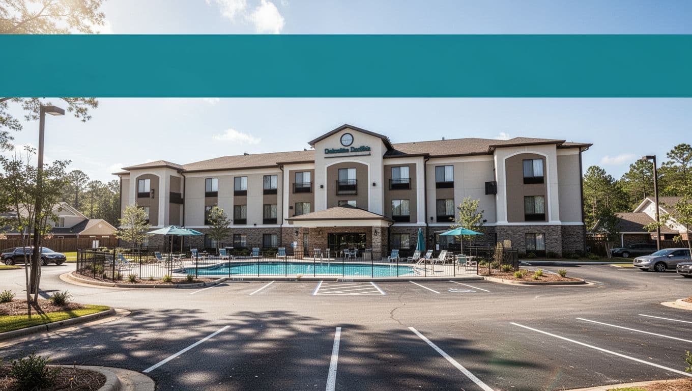 Low angle view of modern suburban hotel exterior in Saraland Alabama near Creola Mobile County, showing facade poolside and empty parking lot in bright midday sunlight with soft shadows, clean realistic photo style.