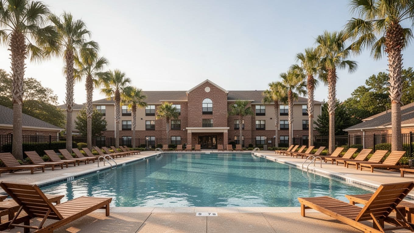Poolside landscape view of a mid-range suburban Alabama hotel with empty outdoor pool, lounge chairs, palm trees, and sunny afternoon light, branded with edge-to-edge green 'Saraland Picks' header band at top.