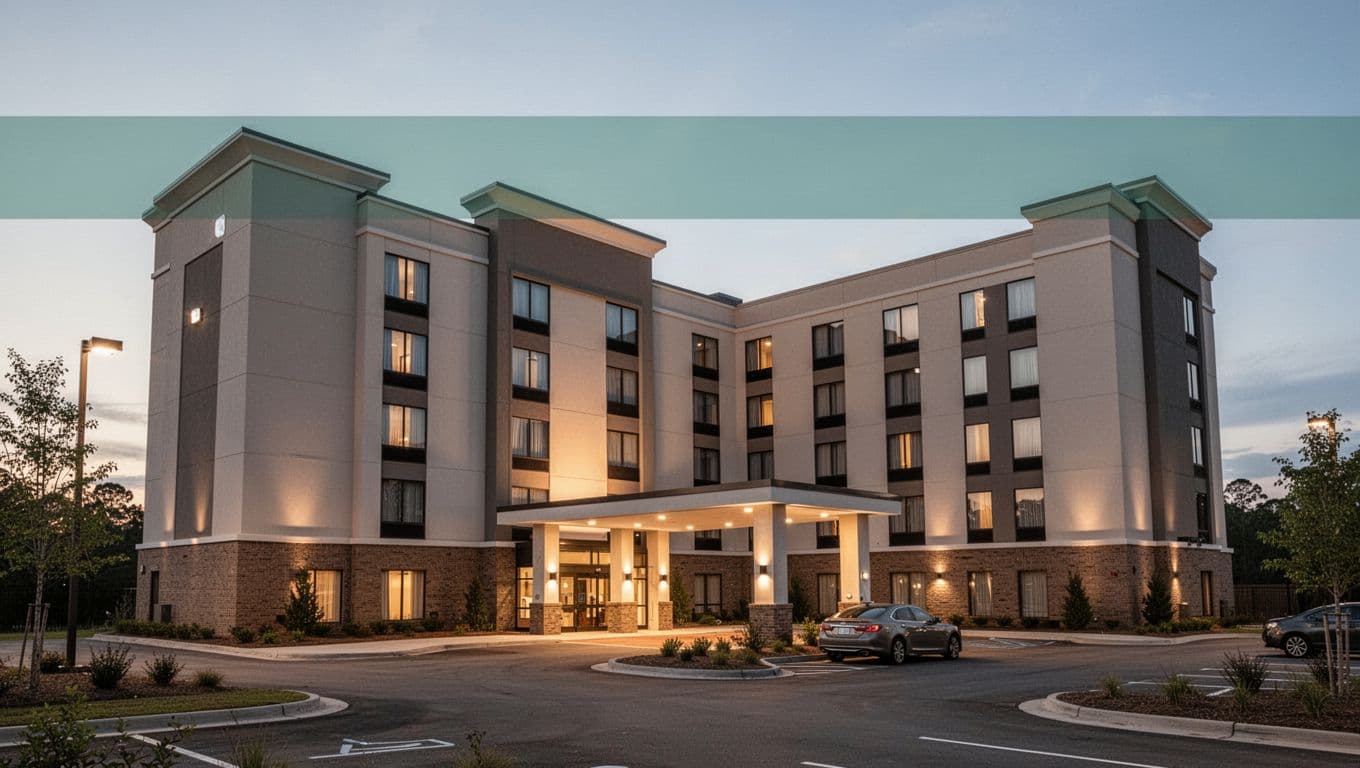 Modern hotel exterior in Saraland, Alabama at dusk with a parking lot in front, one parked car, welcoming entrance lights, and a clear sky in realistic photo style. The landscape composition uses soft warm lighting to evoke a welcoming vibe for travelers near the interstate.