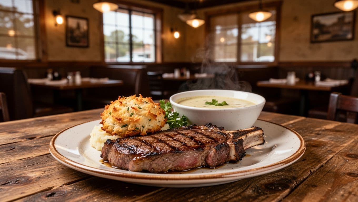 Fresh wood-grilled ribeye steak with crab cake and potato soup on a wooden table in a cozy Saraland, Alabama steakhouse dining room with warm ambient lighting.
