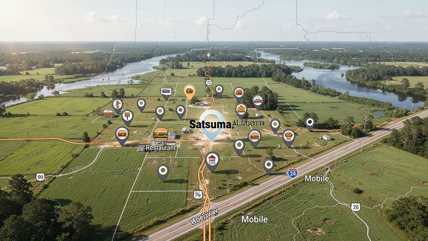 Illustrative map of Satsuma Alabama shows restaurant pins, rural roads to Mobile, green fields, and bayou under green 'NEARBY OPTIONS' header band.