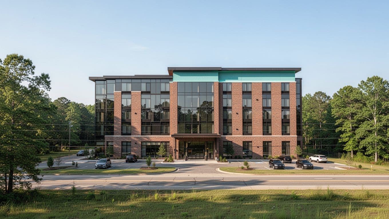 Modern hotel exterior in rural Alabama near highway with welcoming front entrance, parked cars, green trees, and clear blue sky. Branded with green top band headline 'Satsuma Hotels' for top pick travelers.