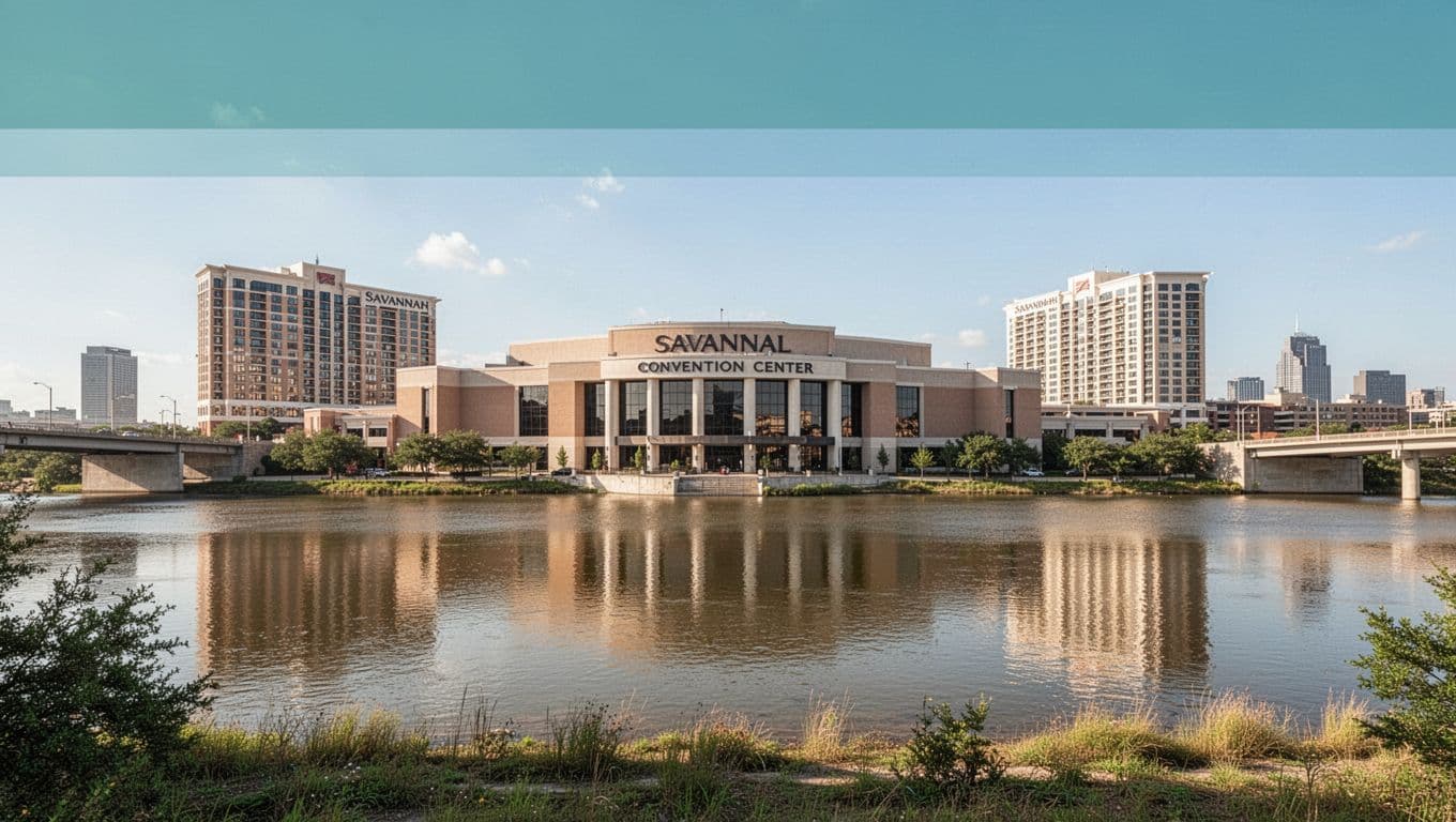 Wide landscape view of the Savannah Convention Center exterior on the riverside, featuring nearby hotels across the water, bridge, and skyline from the riverbank under bright daylight. Branded editorial style with a green 'Nearby Hotels' headline band at the top.