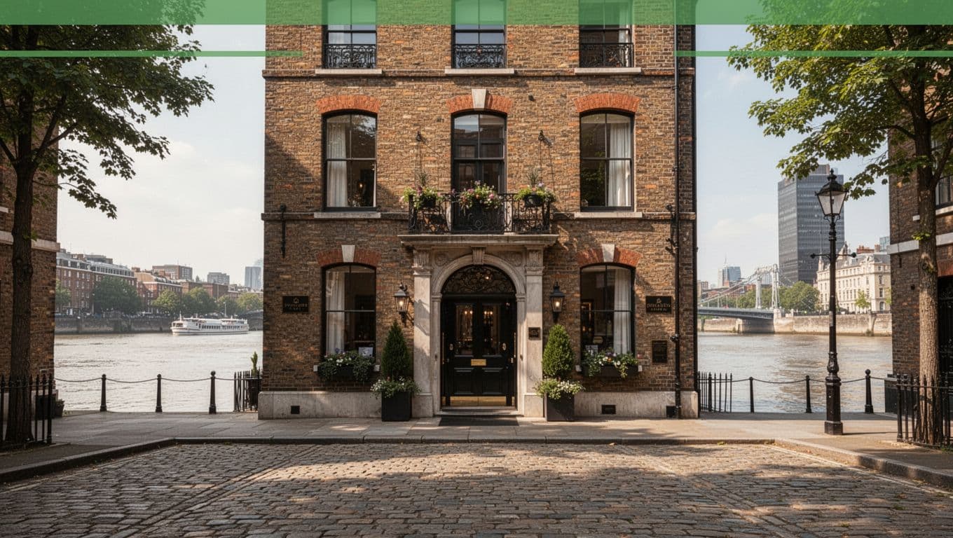 Exterior of a historic brick boutique hotel on Savannah River Street waterfront with cobblestone path and river view, photorealistic daylight scene with top green band 'Top Hotels'. Centered composition focusing on clean architecture, no people or signs.