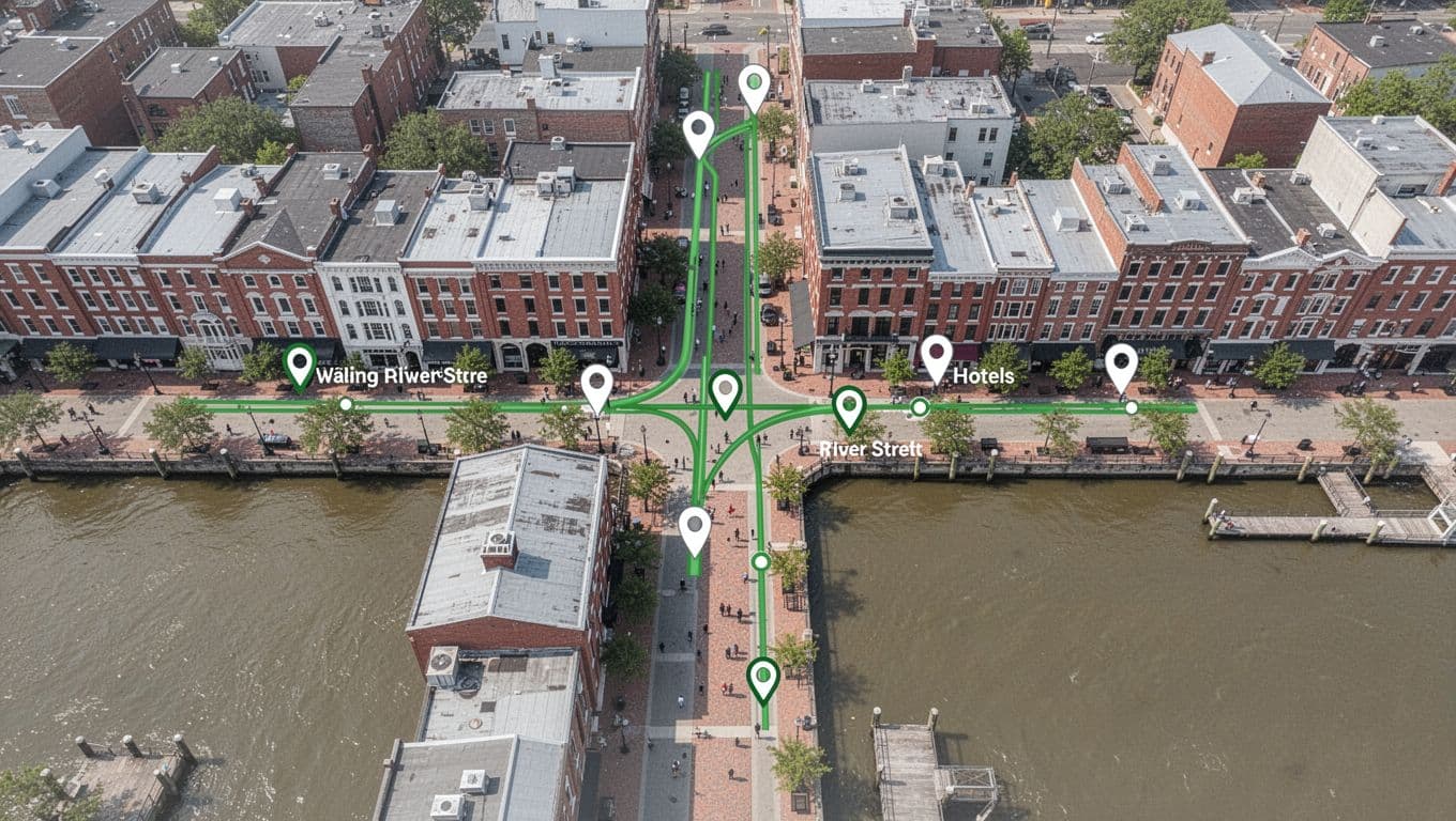 Overhead illustrative map of Savannah historic district highlighting River Street waterfront with green walking paths to nearby hotels, topped with a green 'Walk Times' header band.