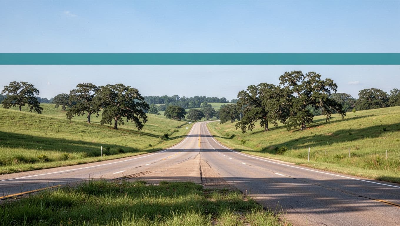 Empty road curving through rolling green hills near Winfield in Marion County, Alabama, under a clear blue daytime sky, wide landscape composition.
