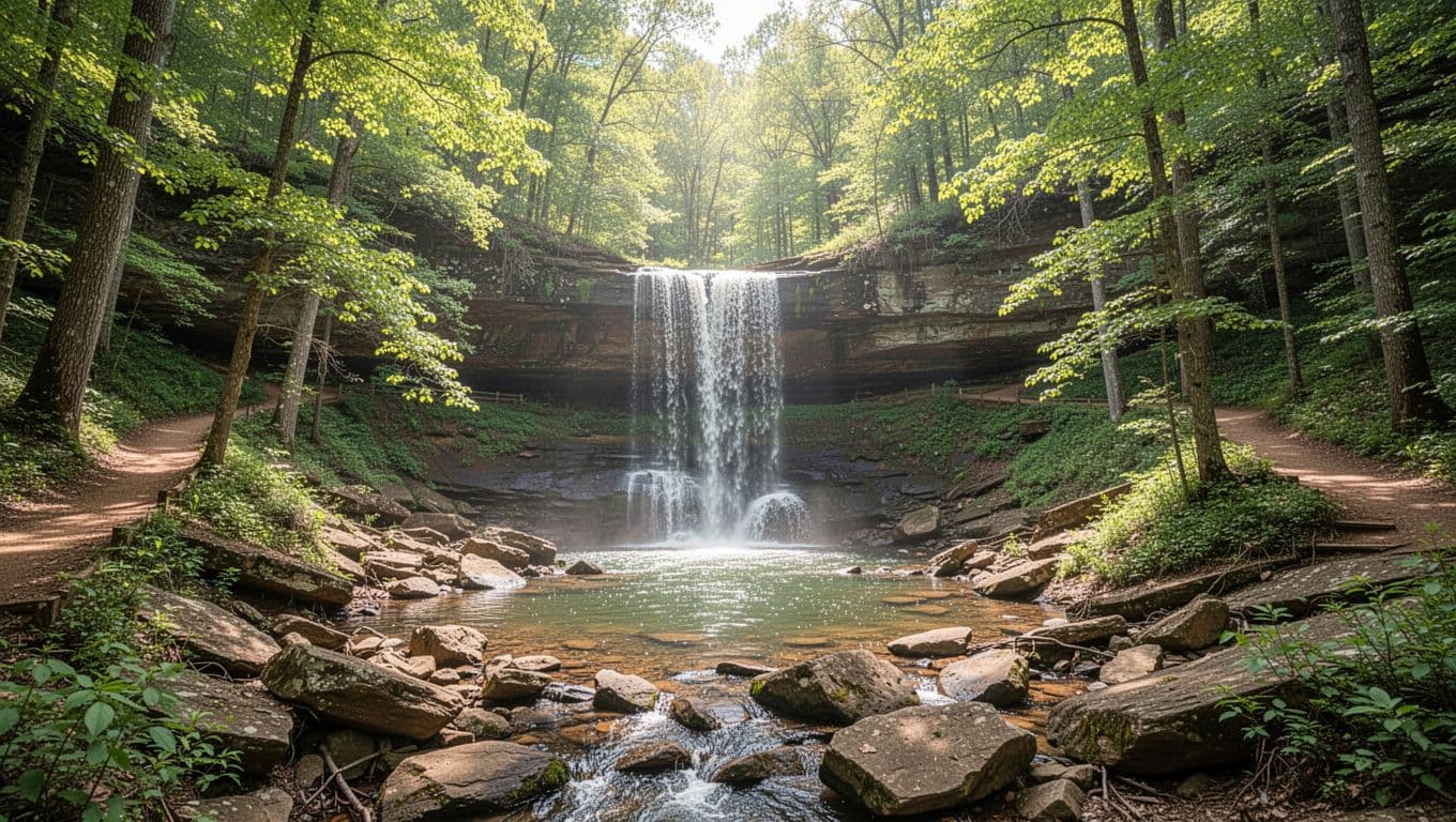 Scenic waterfall cascading into a rocky pool surrounded by lush green forest trails in an Alabama state park, captured in bright daylight filtering through trees with a bold branded headline.