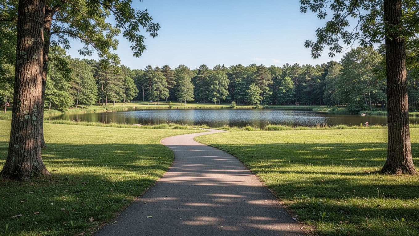 Scenic Choccolocco Park in Alabama features walking trails, a serene lake, lush green fields, and woods under a clear blue daytime sky, with a foreground path leading to water and trees in the background.