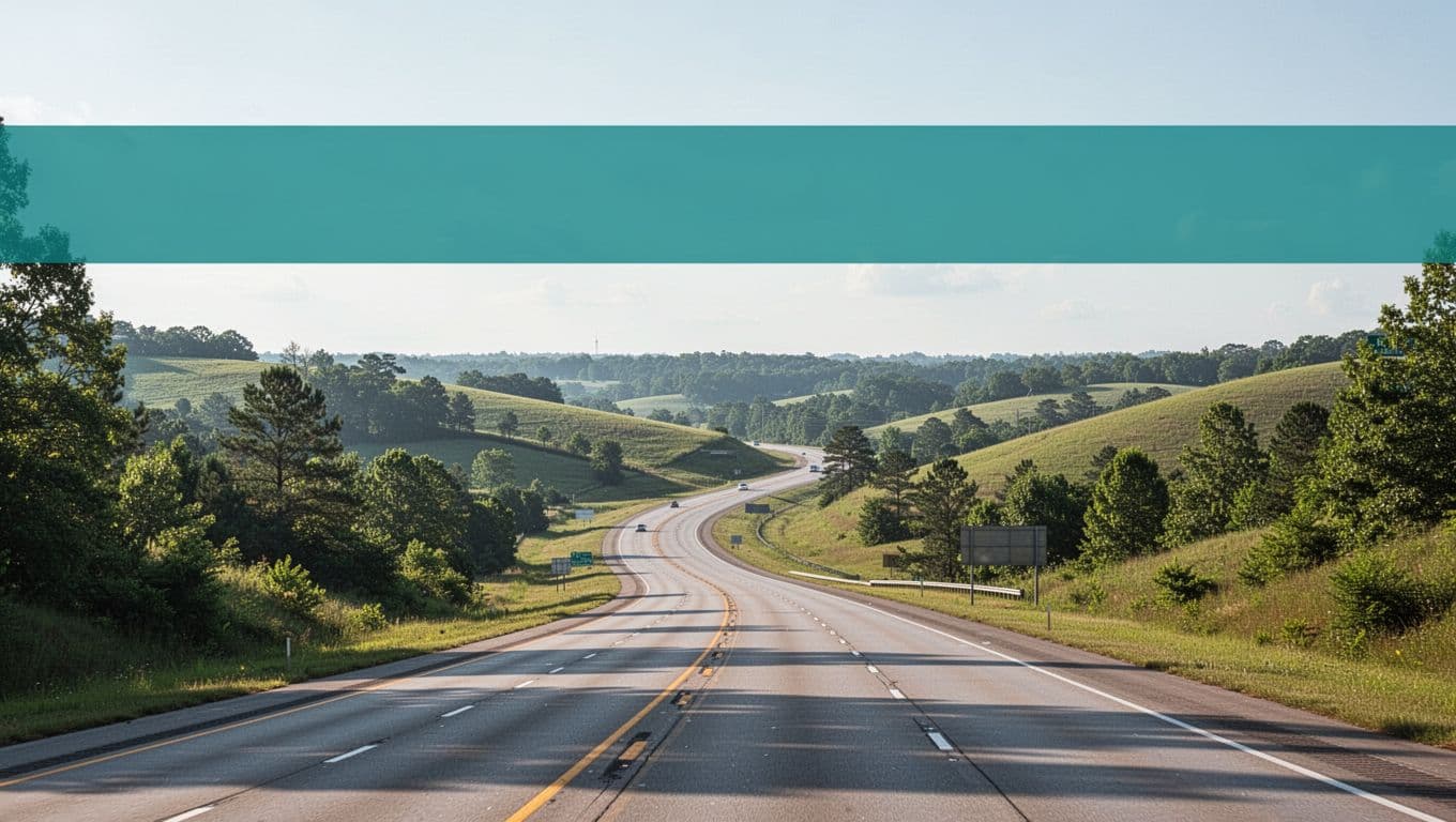Scenic Interstate I-20 highway curving through rolling green hills toward Birmingham from McCalla, Alabama, in realistic road trip style under clear sunlight. Top green band features bold 'City Access' headline highlighting easy highway proximity for travelers.