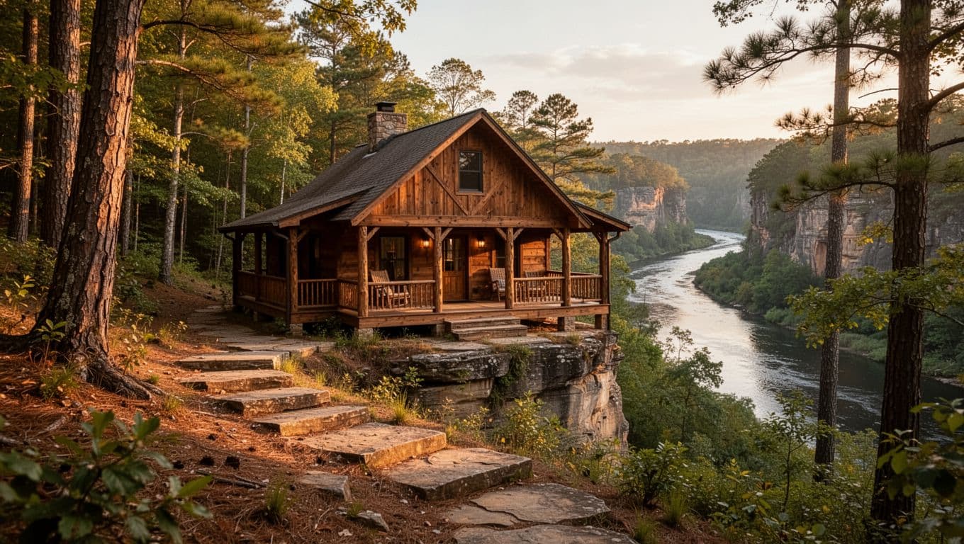 Cozy wooden lodge cabin exterior nestled on forested Alabama canyon rim with river visible below through trees in a scenic overlook setting. Centered landscape focusing on front porch and facade during golden hour with branded 'Scenic Lodges' headline in green band.
