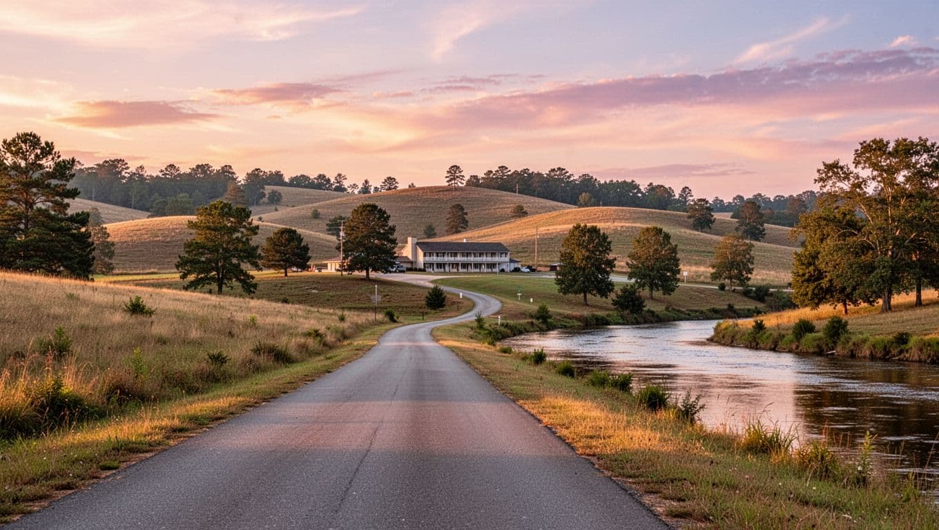 Stunning sunset over rolling hills, serene lake or river, and rural scenery near Alexandria, Alabama, featuring a road leading to a hotel area amid trees.