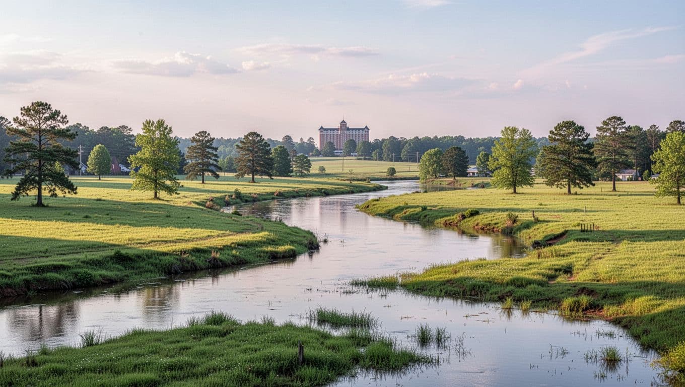 Scenic rural Alabama landscape near Livingston with river or lake view, green fields, and distant hotel silhouette in wide composition. Features bold 'Nearby Drives' headline in green band, realistic photo style under soft sunlight.