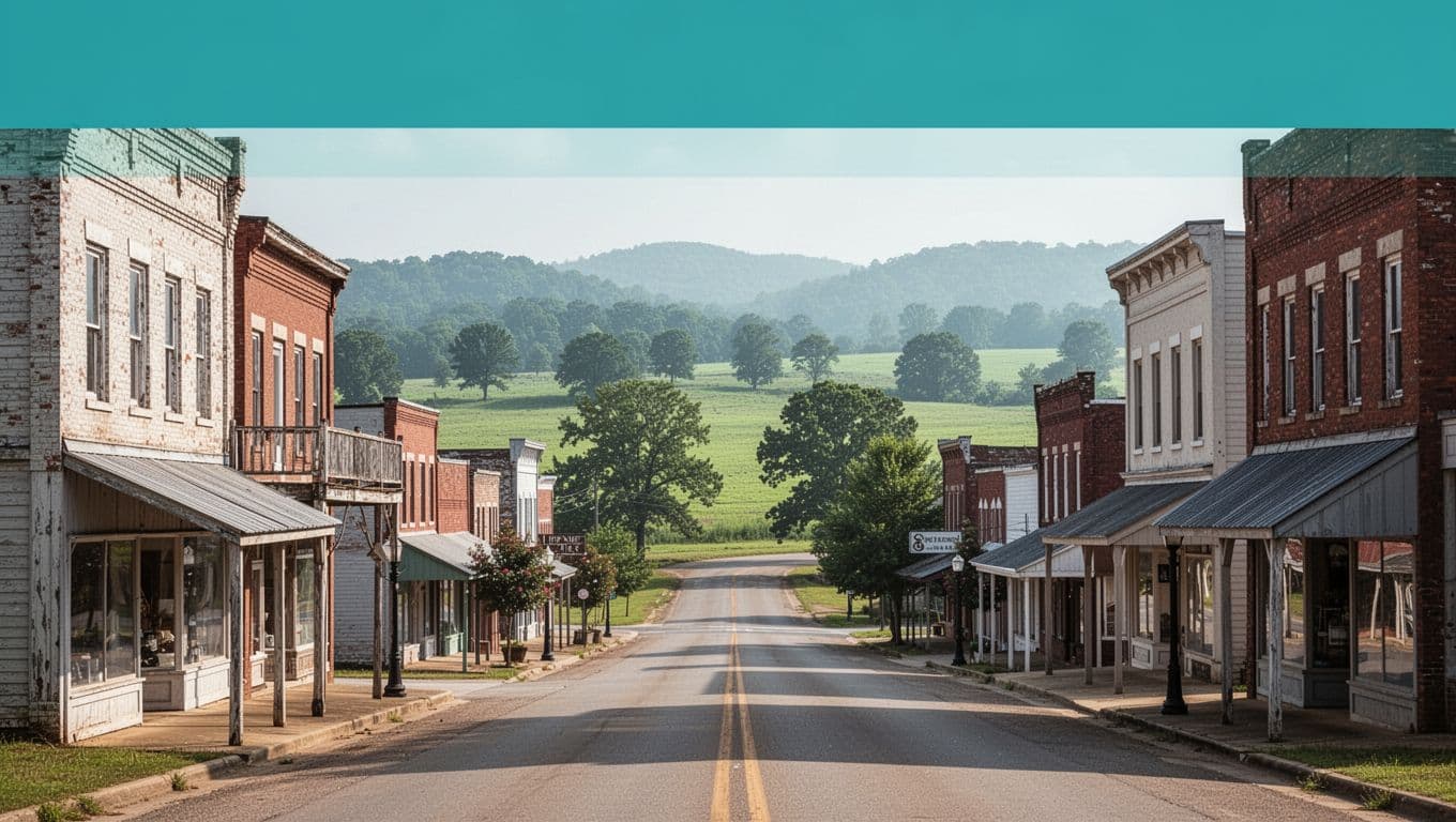 Photorealistic scenic landscape of a rural Alabama small town main street with historic buildings, welcome sign, green fields, and trees under bright daylight, topped with a bold 'NEARBY ATTRACTIONS' green header band.