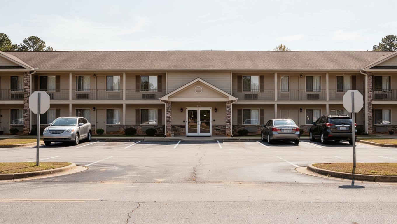 Front exterior view of a budget hotel in Scottsboro, Alabama, featuring a spacious free parking lot with exactly two cars, quiet facade, and bold 'Quick Access' headline in green band at the top, captured in bright daylight.