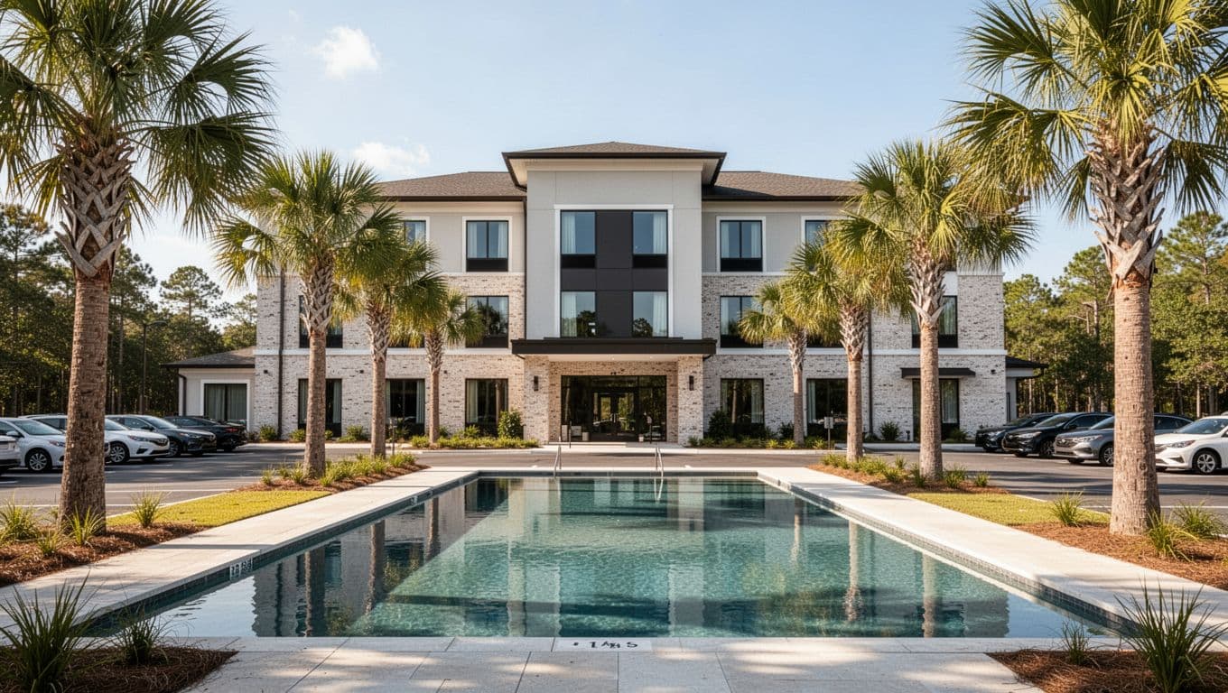 Photorealistic modern two-story hotel exterior in Scottsboro, Alabama style, featuring outdoor pool, palm trees, parking lot, and entrance sign under sunny daytime lighting. Bold 'Hotel Stays' headline in green band across the top.