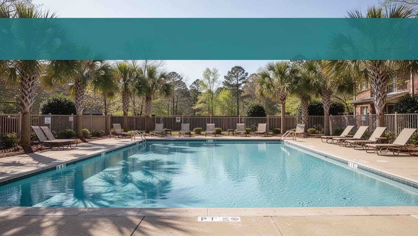 Inviting outdoor hotel swimming pool on a spring day in Alabama, with clear blue water, empty lounge chairs, palm trees, fence, bright sunlight, and soft shadows in realistic photography style. Top 20% green band features centered 'Pool Time' headline in bold sans-serif font.