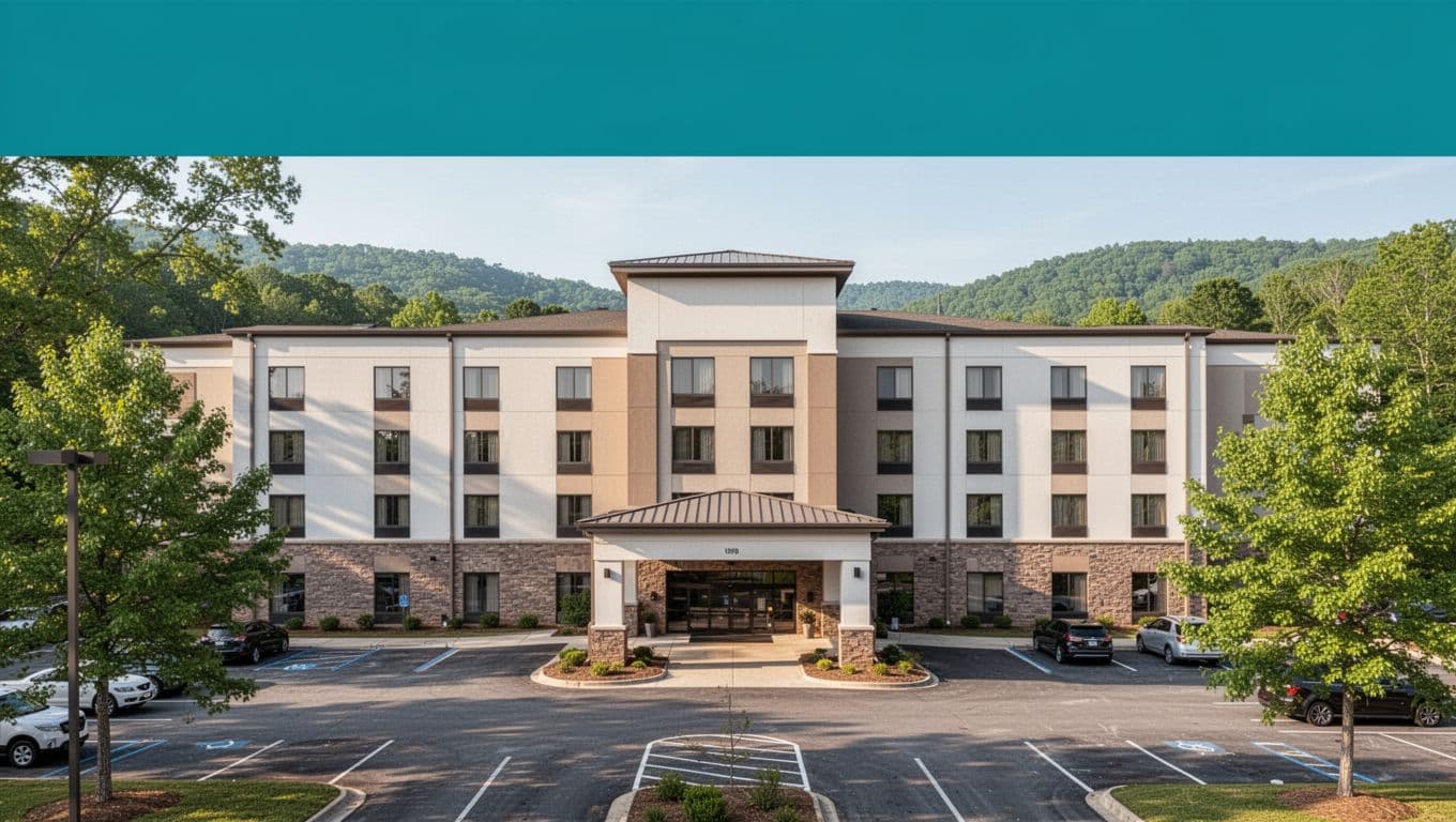 Modern hotel building exterior in Scottsboro, Alabama during daylight with clean facade, entrance, parking area, surrounded by green trees and hills, realistic photography style.