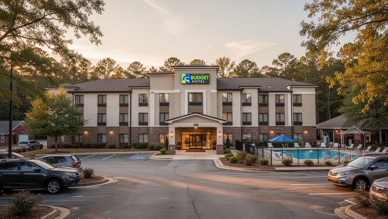 Photorealistic wide landscape shot of modern budget hotel exterior in Scottsboro, Alabama, featuring welcoming entrance, sign, parking lot, pool area surrounded by trees, during evening golden hour lighting, with bold branded green header band and 'Town Hotels' headline.
