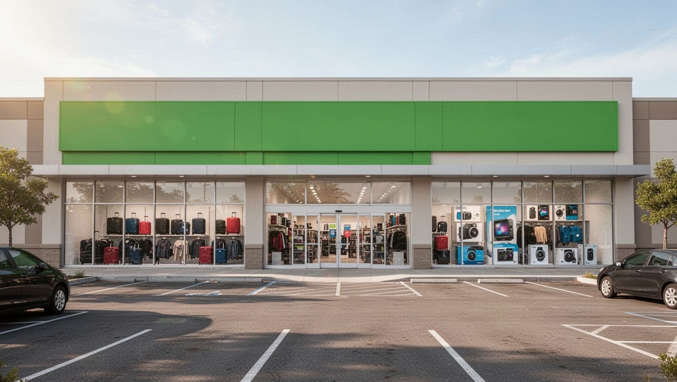 Photorealistic exterior of Unclaimed Baggage store in Scottsboro, Alabama, showing large retail building with signage, storefront windows displaying luggage, clothes, and gadgets, empty parking lot on sunny day. Bold 'Shop Finds' headline in Montserrat Black on edge-to-edge green band at top.